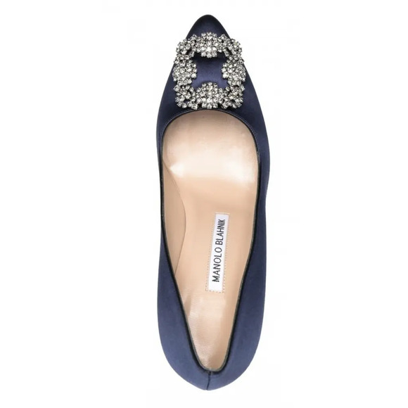 Manolo Blahnik Hangisi 105 Navy Blue Satin Crystal Jewel Buckle Heel Pump 40 - Picture 7 of 12